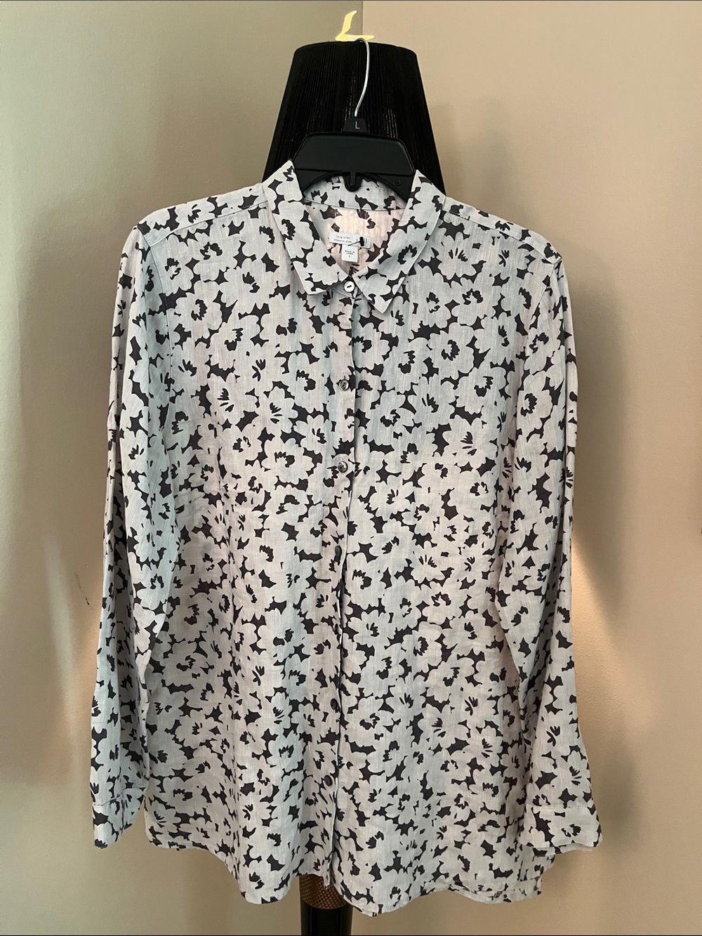 J. Jill White Button-Down Shirt with Black Floral Print